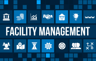 The words facility management surrounded by business icons, indicating how facility management is a centre of business. 