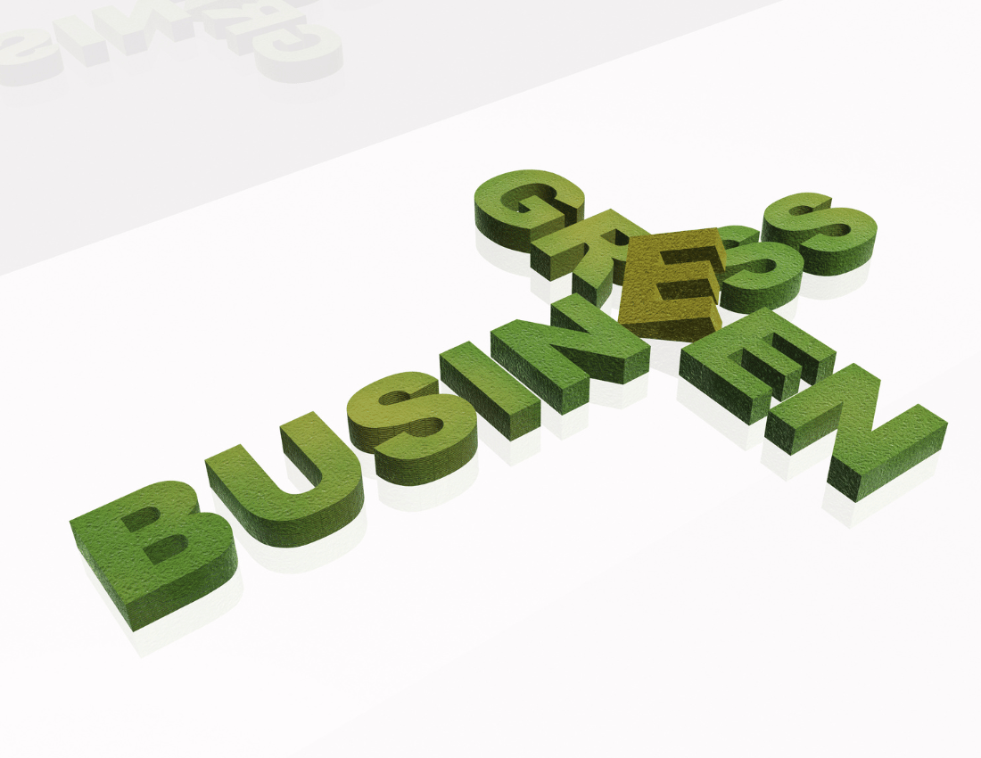 The words ‘business’ and ‘green’ are interlinked, representing government funding designed to help businesses go green. 